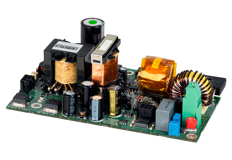 A printed circuit board with various electronic components, including capacitors, inductors, transformers, and connectors.